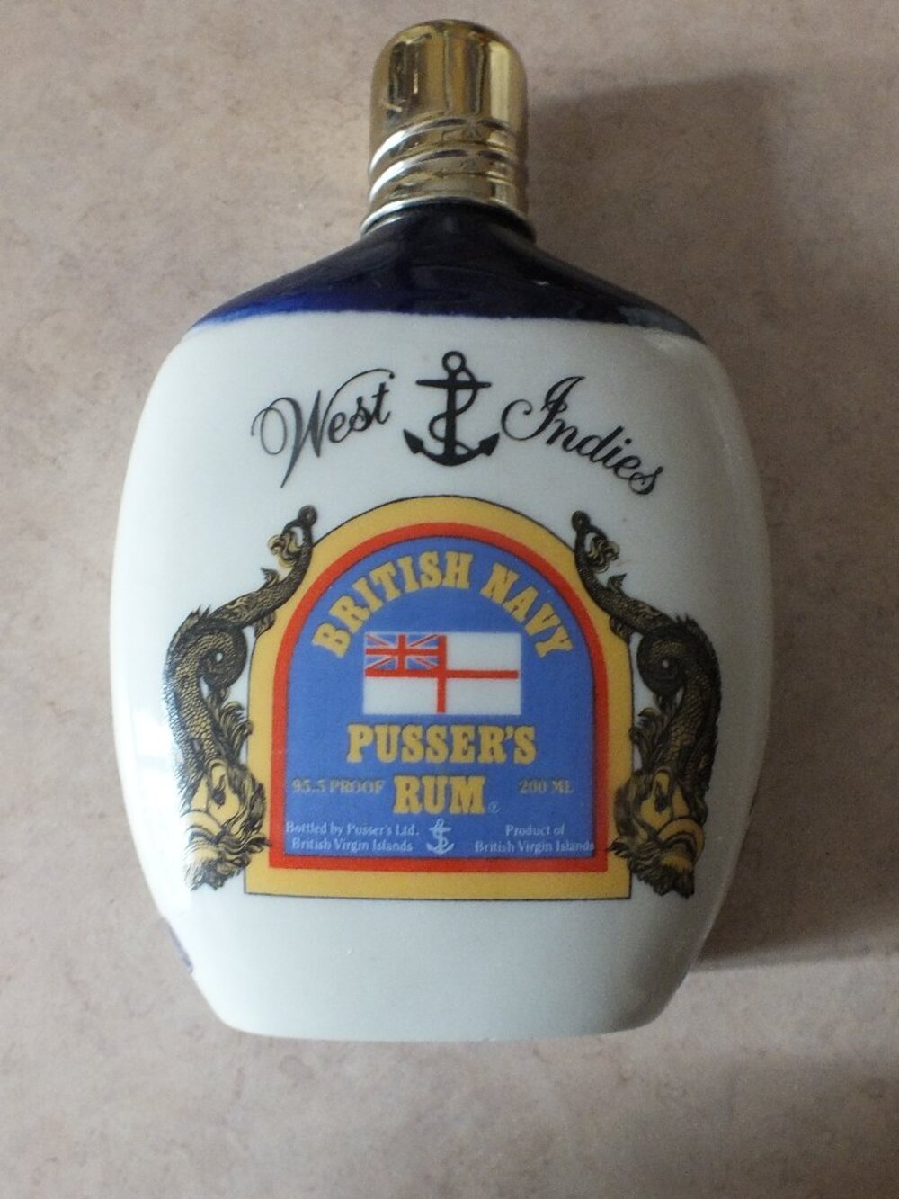 Vintage British Navy Pusser's Rum Porcelain Empty Bottle 6" West Indies